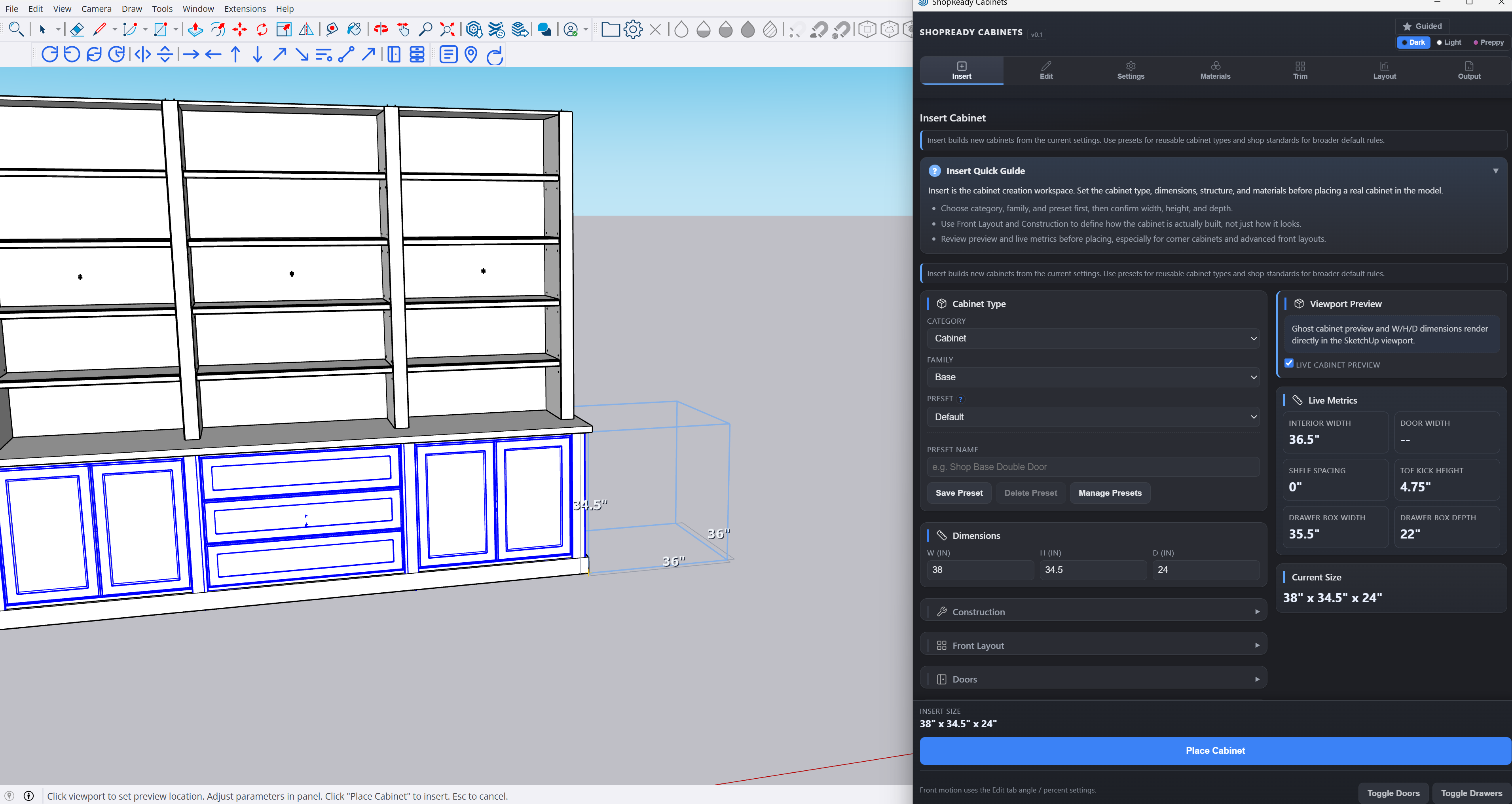 ShopReady Cabinets flagship overview showing the extension beside a cabinet model in SketchUp