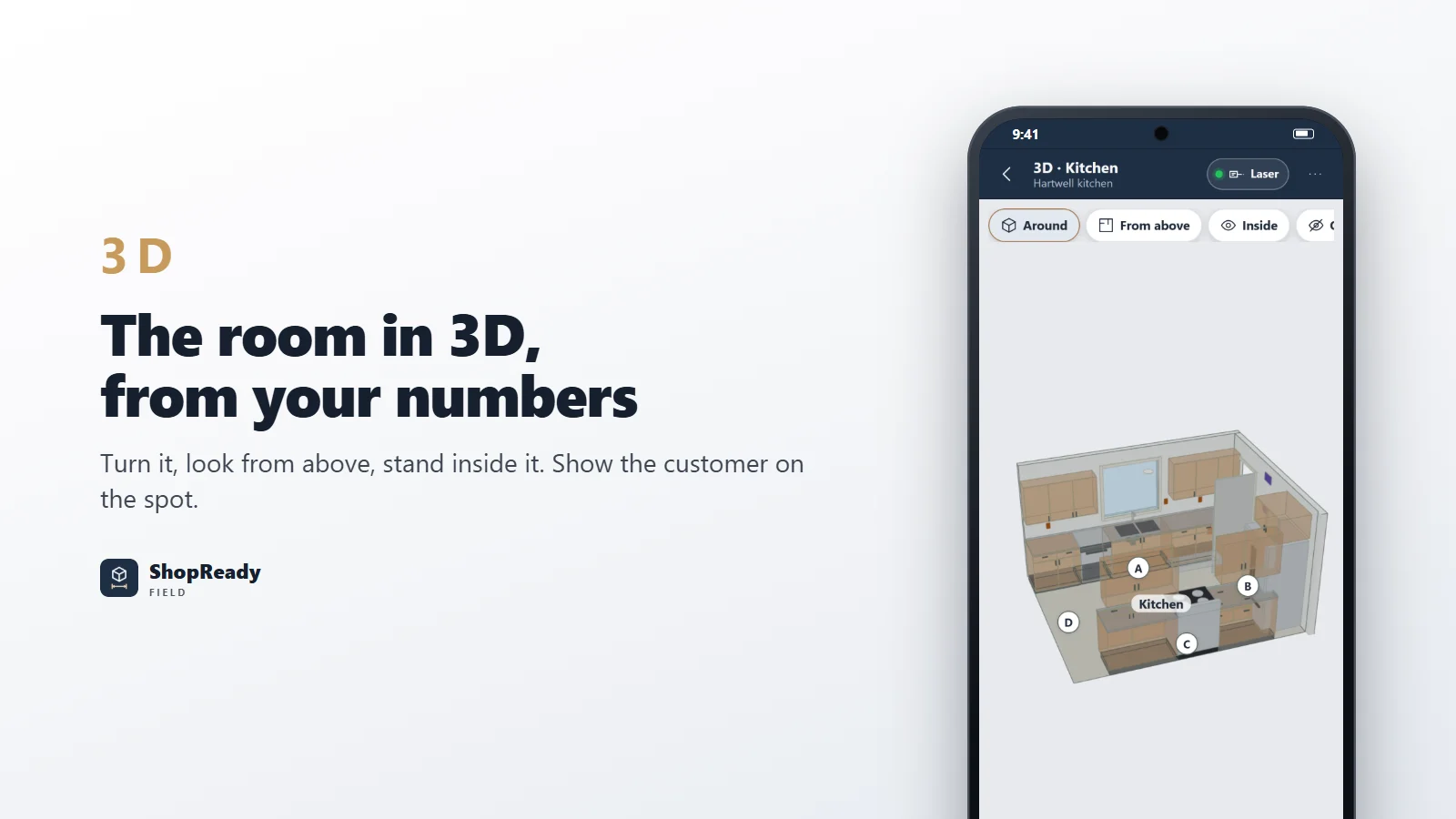 ShopReady Field on a phone showing a measured kitchen in 3D.