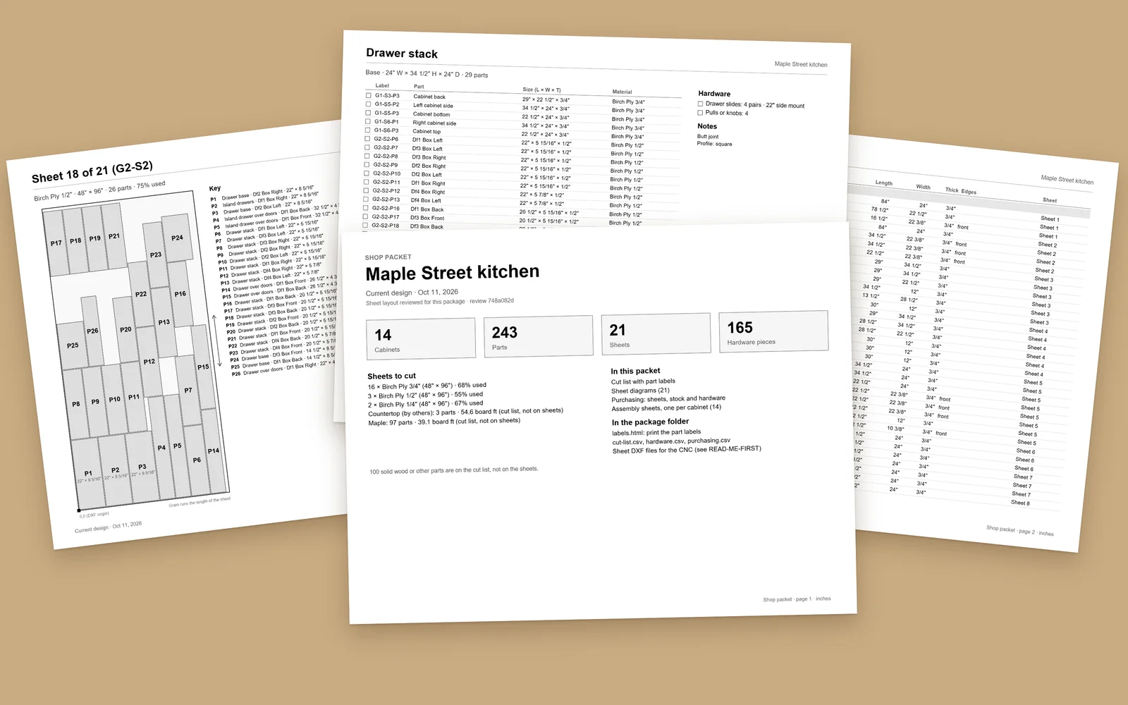 Pages of a printed shop packet: a summary of the job, a sheet layout and a cut list.